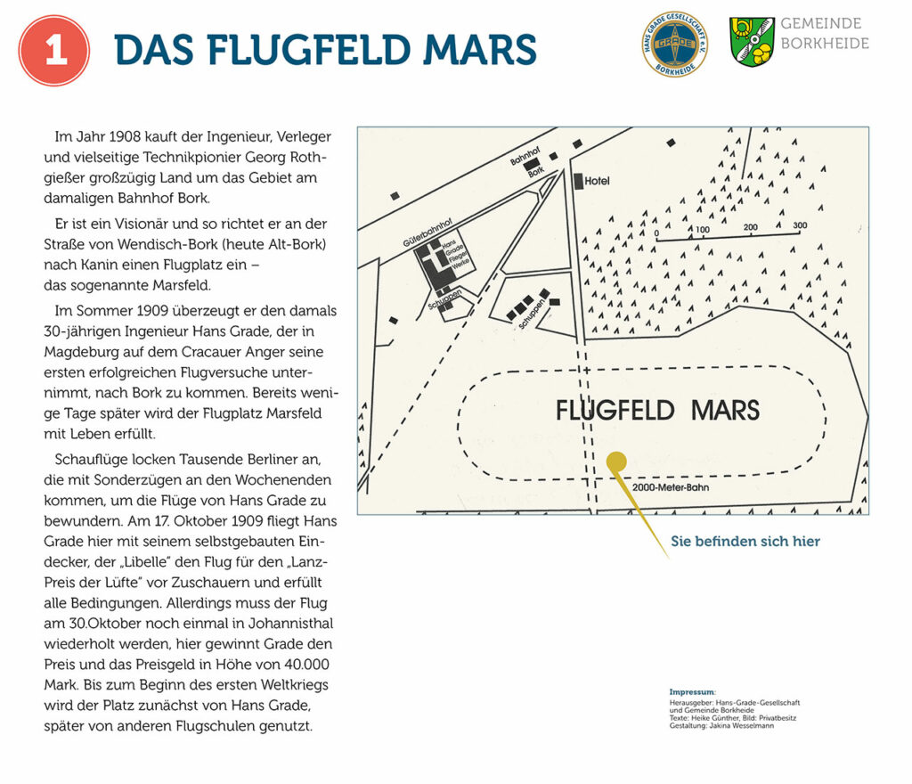 Ortsinfotafel "Das Marsfeld". Redaktion und Recherche: h. Günther; Gestaltung J.U. Wesselmann