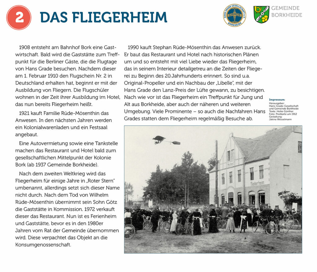 Ortsinfotafel "Das Fliegerheim". Redaktion und Recherche: H. Günther; Gestaltung J.U. Wesselmann