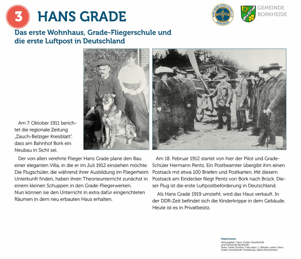 Ortsinfotafel "Hans Grade". Redaktion und Recherche: H. Günther; Gestaltung J.U. Wesselmann