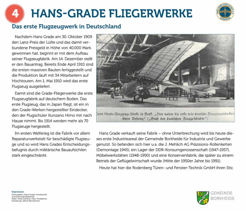 Ortsinfotafel "Hans Grade Fliegerwerke". Redaktion und Recherche: H. Günther; Gestaltung J.U. Wesselmann